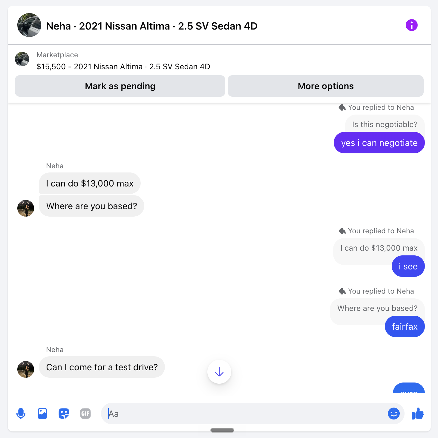 Facebook Marketplace message: Neha offering $13,000 max and asking for a test drive