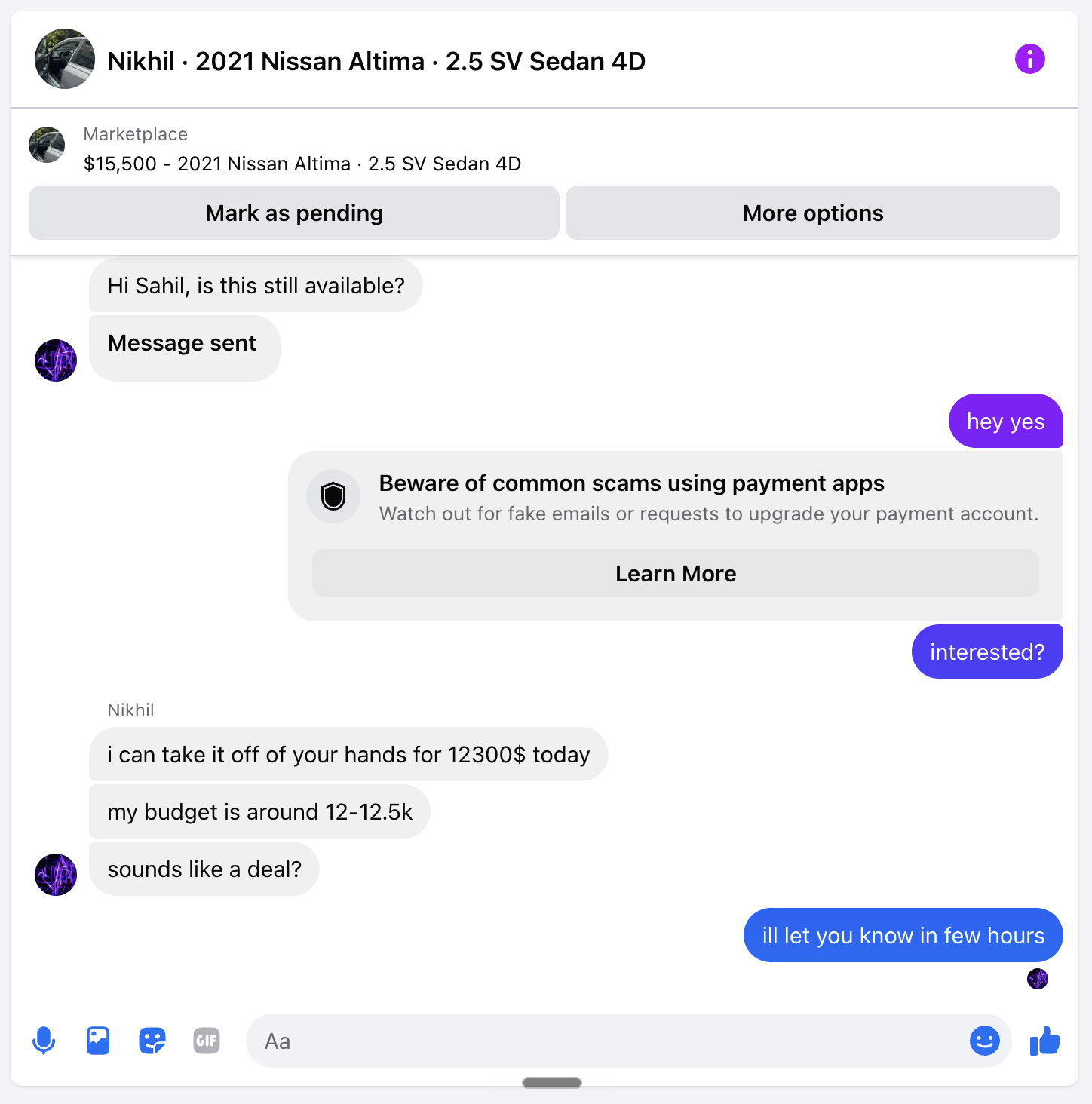 Facebook Marketplace message: Nikhil offering $12,300 that day